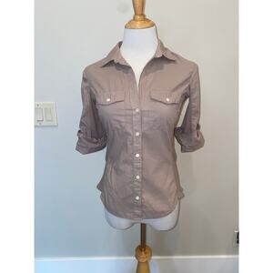 James Perse 3/4 Sleeve Button Up Shirt Mixed Material Khaki Size 2 medium